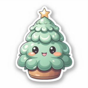Sticker Super mignon vert souriant arbre de Noël Kawaii
