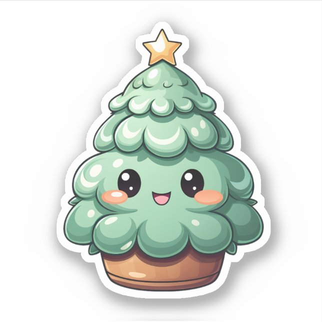 Sticker Super mignon vert souriant arbre de Noël Kawaii (Devant)