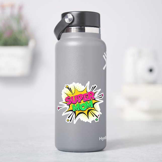 Sticker Super Mom Pop Art rose jaune vert sur 4" Vinyl (HydroFlask)