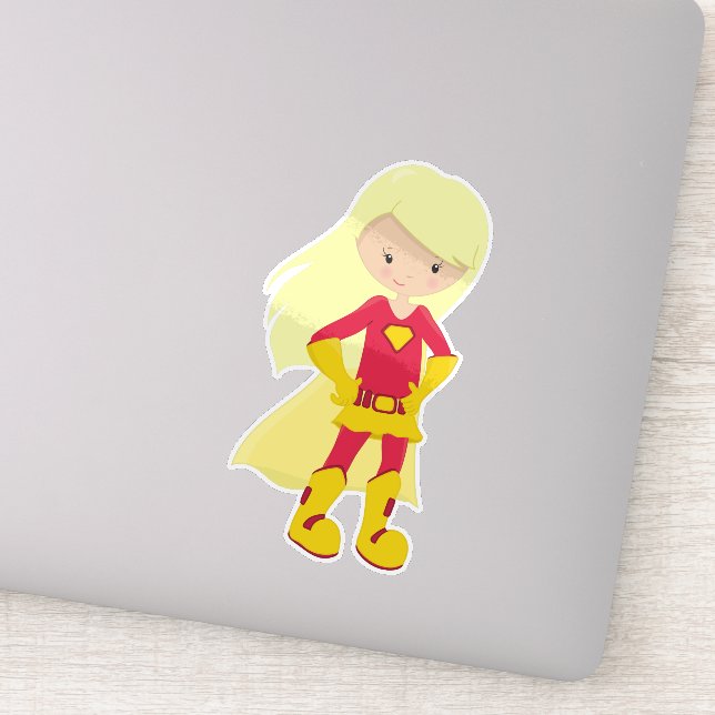 Sticker Superhero Girl, Cheveux blonde, Héros, Costume rou (Détail)