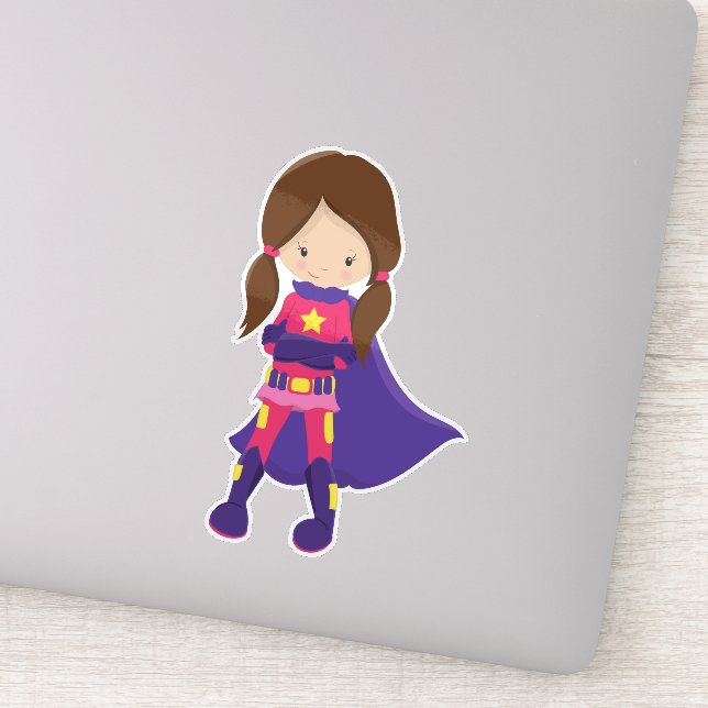 Sticker Superhero Girl, cheveux Brown, mignonne fille, cap (Détail)