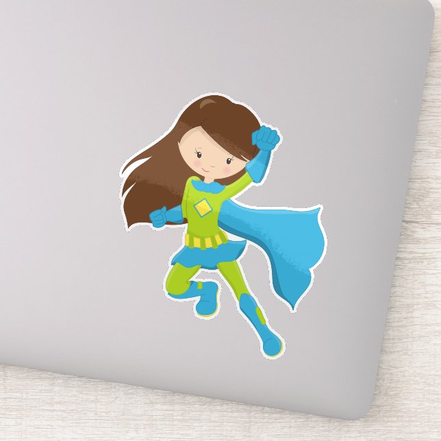 Sticker Superhero Girl, Cute Girl, Cheveux Brown, Cape Ble (Détail)