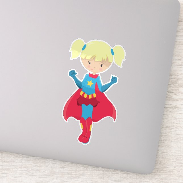 Sticker Superhero Girl, mignonne Girl, cheveux blonds, Red (Détail)