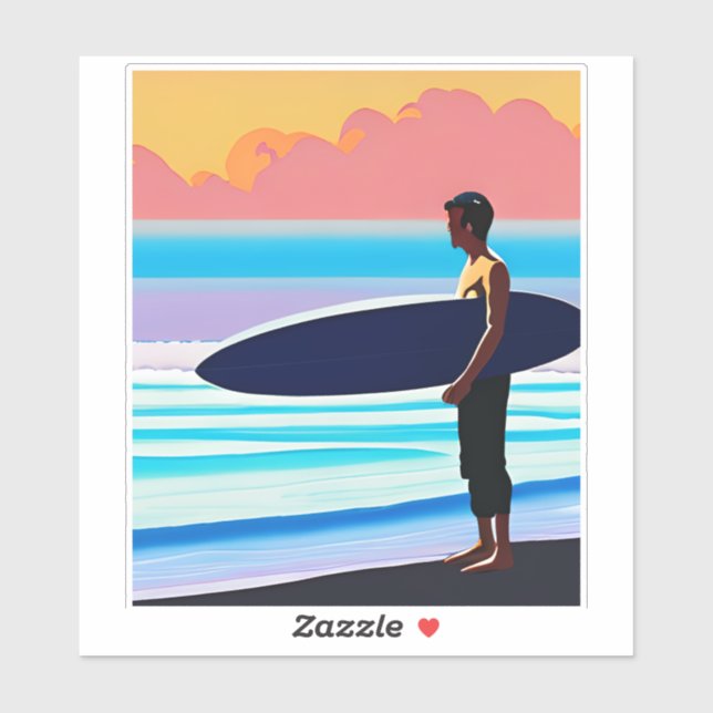 Sticker Surfer debout sur une plage au coucher du soleil (Feuille)