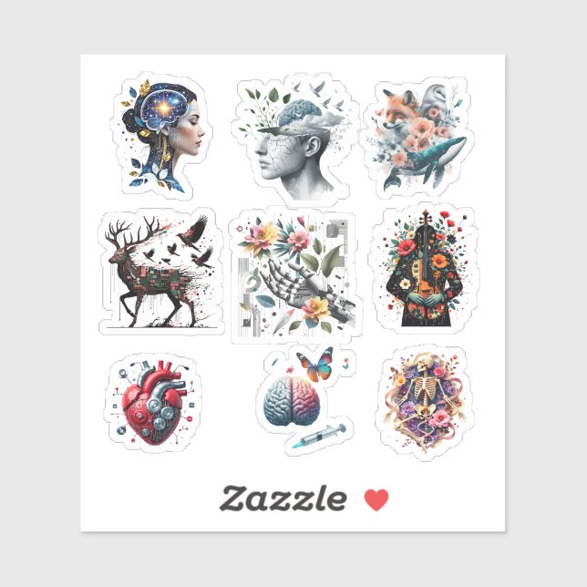 Sticker Surreal Anatomy Collage – Fusion of Brain, Nature, (Feuille)