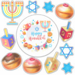 Sticker Symboles de Fête de l'Hanoukka<br><div class="desc">Montage des autocollants étiquettes de Chanukkah. Joyeux Hanoukka Party Juif Menorah, Donuts, Dreidel. Décoration Chanukkah de Fête Juive avec le symbole décoratif traditionnel Chanuka - Dessin coloré Hanukkiah menorah, chandelier avec des bougies, Donuts, Dreidel en bois (jouet en rotation) étoile de David et lumières brillantes illustration. Hanoukka Festival des lumières...</div>
