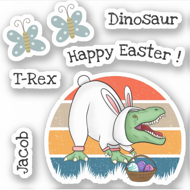 Sticker T-Rex rétro en costume lapin de Pâques Nom de la c (Devant)