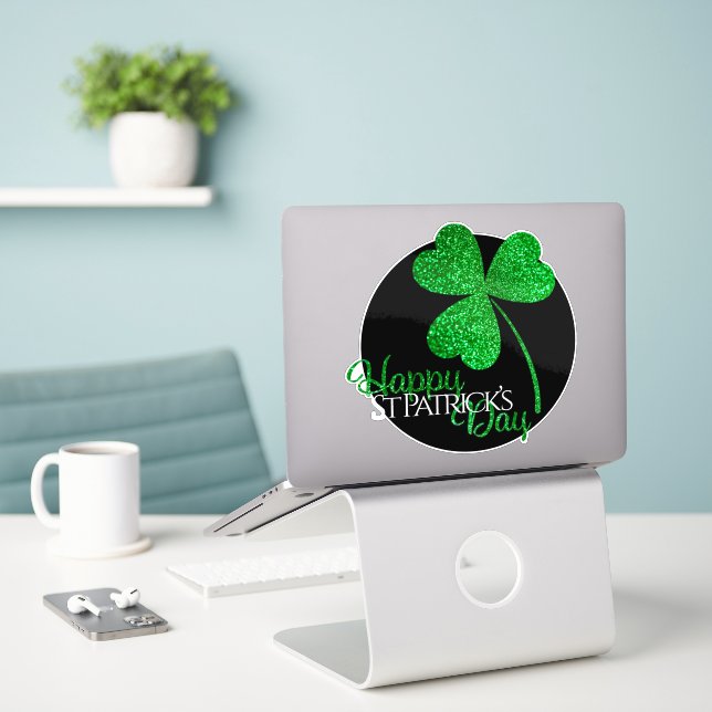 Sticker T-shirt Joyeux St Patrick Glitter Vert Trèfle (Ordinateur portable sur le bureau)