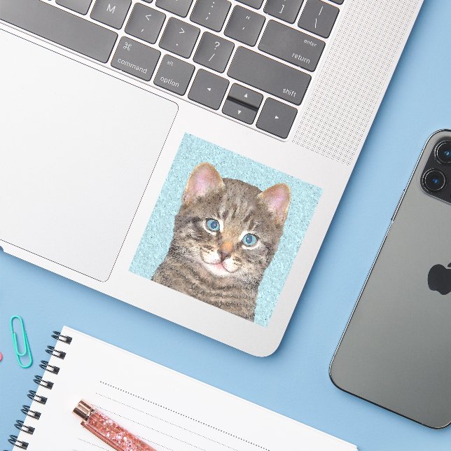 Sticker Tabby Gris Peinture Chat - Cute Original Art Chat (Ordinateur portable avec iPhone)