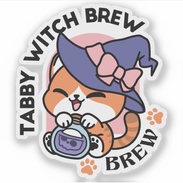Sticker Tabby Witch Brew – Joli Design de Chat Halloween (Devant)
