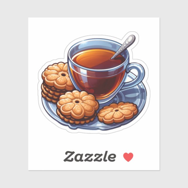Sticker tasse de thé et biscuits dans une assiette (Feuille)