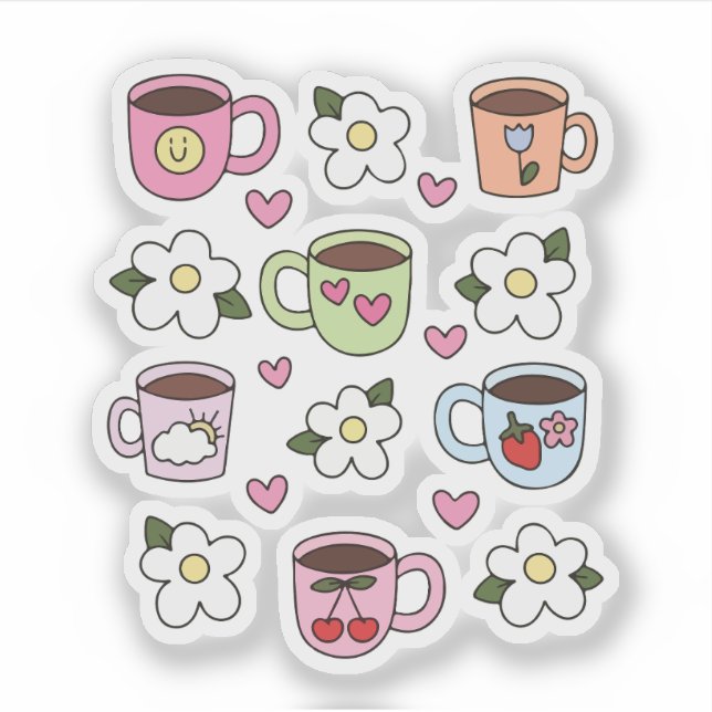 Sticker Tasse de thé Kawaii et fleurs  (Devant)