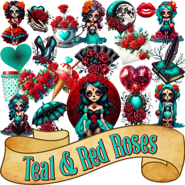Sticker Teal Red Roses Sugar Skull  (Créateur téléchargé)