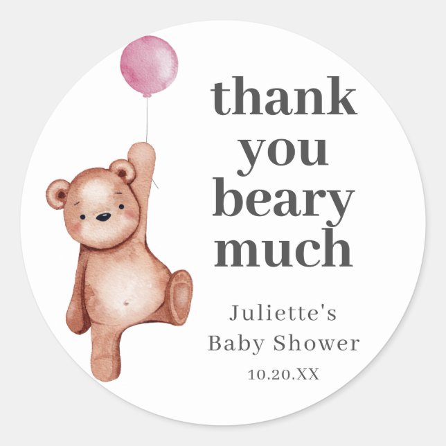 Sticker Teddy Bear Girl Baby shower Classic Round (Devant)