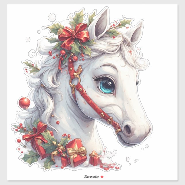 Sticker Tête de cheval blanche festive avec bride rouge (Feuille)