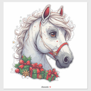 Sticker Tête de cheval blanche festive avec bride rouge