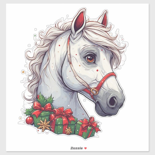 Sticker Tête de cheval blanche festive avec bride rouge (Feuille)