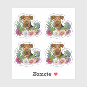 Sticker Tête de chien Airedale Terrier Fleurs colorées d'é