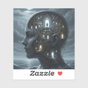 Sticker Tête de femme surréaliste avec des pièces émergean