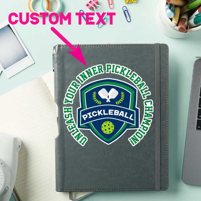 Sticker Texte personnalisé Pickleball vert et bleu (Cool pickleball sticker with customizable text around main graphic. Great to decorate your items!)