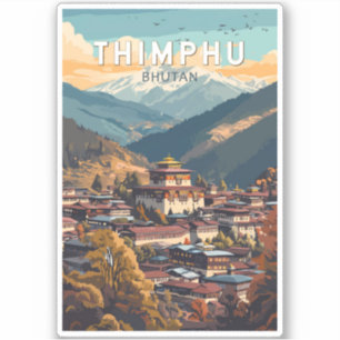 Sticker Thimphu Bhoutan Illustration Voyage Art Vintage