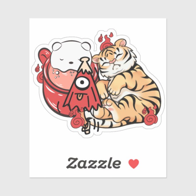 Sticker Tigre mignon endormi et esprit Kasa-obake (Feuille)