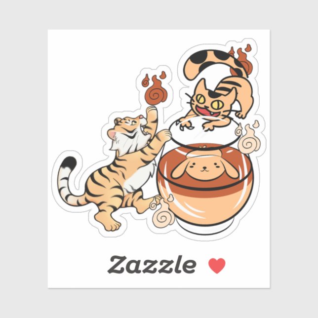 Sticker Tigre mignon et chien en pot de thé Nekomata (Feuille)