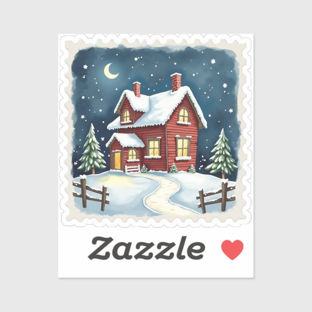 Sticker Timbre Cabane Nuit d'Hiver (Feuille)