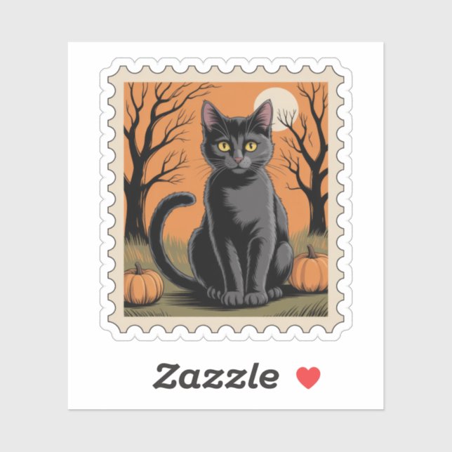 Sticker Timbre de la fête d'Halloween au Chat Noir (Feuille)