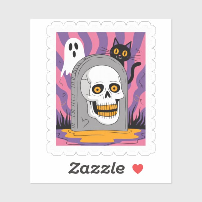 Sticker Timbre de poste d'Halloween Pierre Tombale Crâne E (Feuille)