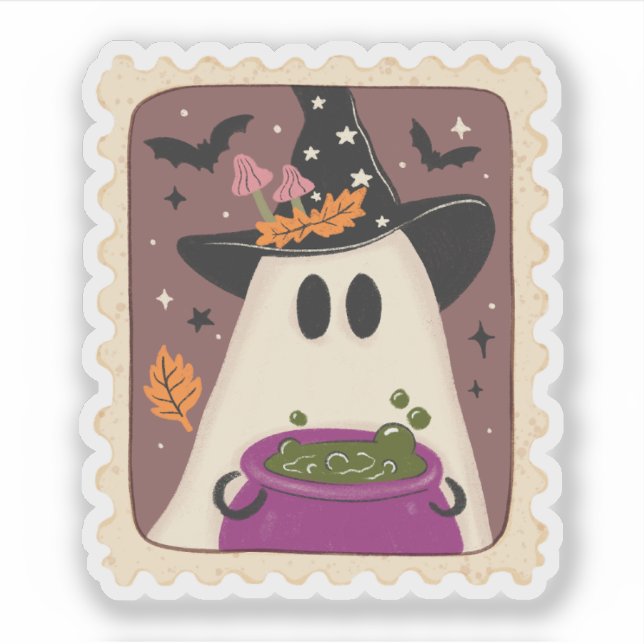 Sticker Timbre Halloween Fantôme Sorcière & Chaudron Vinta (Devant)