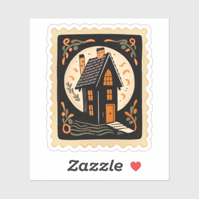 Sticker Timbre Halloween vintage Haunween Maison & Pleine  (Feuille)