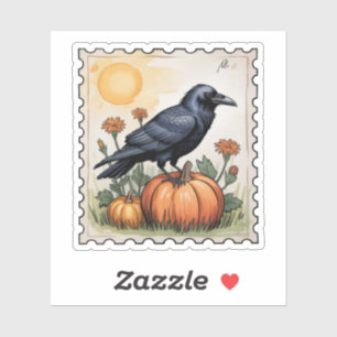 Sticker Timbre-poste d'automne Corbeau sur Citrouille Hall