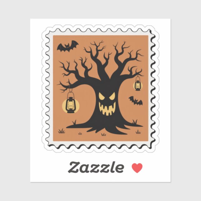 Sticker Timbre-poste d'Halloween Arbre Hanté Effrayant (Feuille)