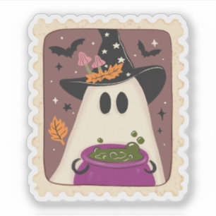 Sticker Timbre vintage Halloween Ghost Witch & Cauldron