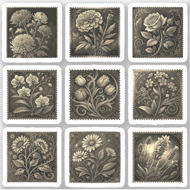 Sticker Timbres Fleuris Flourish Dessin Or (Devant)