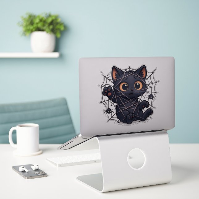 Sticker Toile d'araignée Halloween pour chaton effrayant (Ordinateur portable sur le bureau)