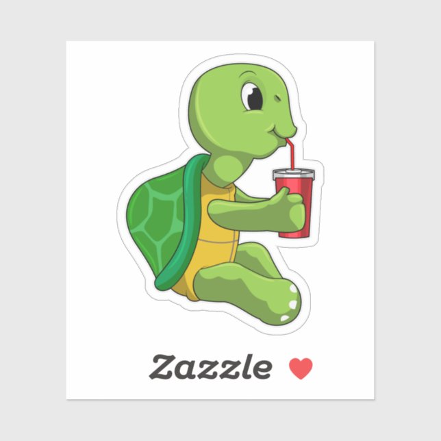 Sticker Tortue avec tasse à boire avec paille (Feuille)