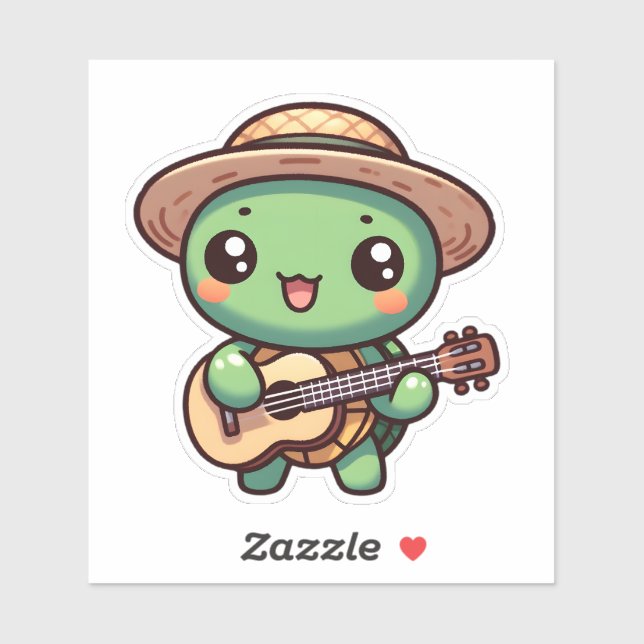 Sticker Tortue Chibi Jouer de la guitare (Feuille)