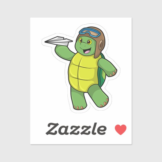 Sticker Tortue comme pilote avec avion en papier (Feuille)
