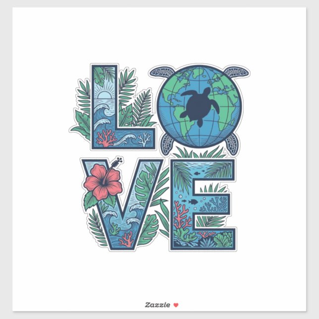 Sticker Tortue de mer Terre Tropical Amour (Feuille)