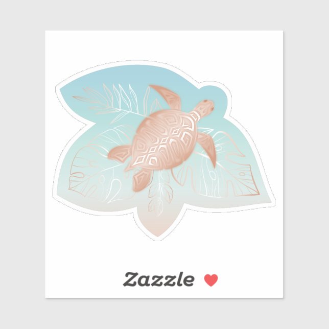 Sticker Tortue Rose Gold Feuilles Tropicales (Feuille)