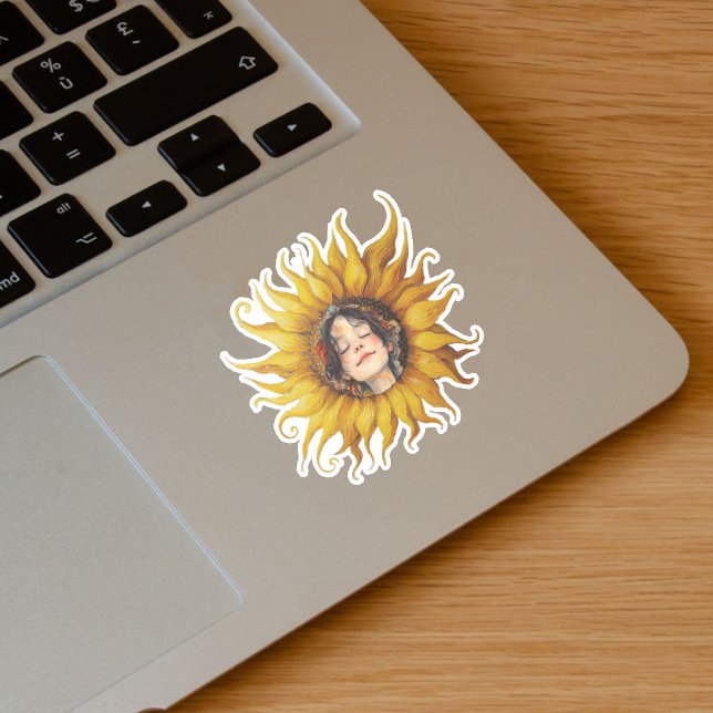 Sticker Tournesol jaune mignon fille visage dans le centre (Big yellow sunflower with girl with brown hair in the center on vinyl sticker.)