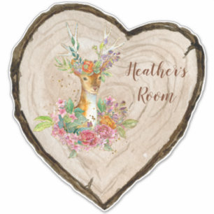 Sticker Tranche de bois en forme de cœur de cerf floral en