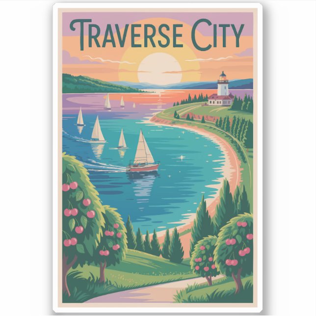 Sticker Traverse City Lake Michigan Illustration Voyage (Devant)