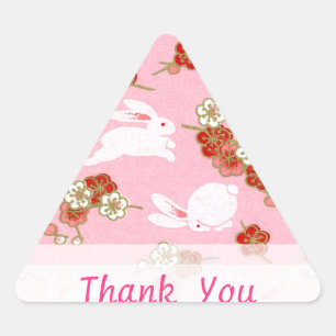 Sticker Triangulaire Art japonais : Sakura rose et lapins Merci