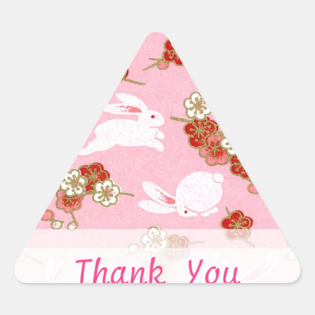 Sticker Triangulaire Art japonais : Sakura rose et lapins Merci (Devant)