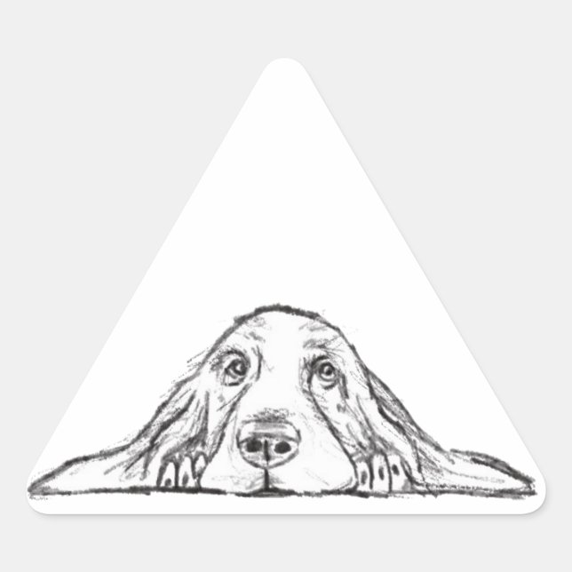 Sticker Triangulaire basset hound noir blanc yeux de chiot simple  (Devant)