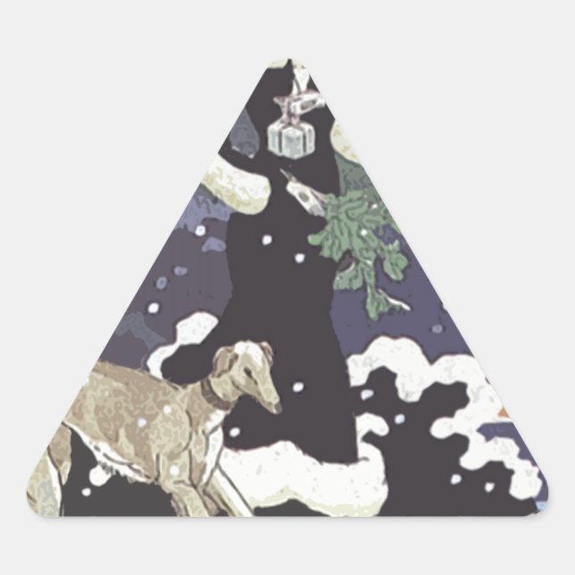 Sticker Triangulaire Borzoï de vacances Dame Dans Neige (Devant)