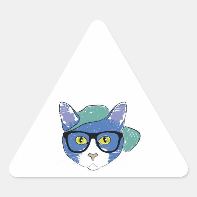 STICKER TRIANGULAIRE CHAT JAUNE EN VERRE NOIR ET CASQUETTE VERT (Devant)
